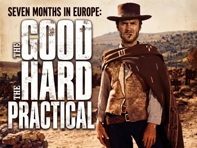 Western movie-style poster of a cowboy in a poncho, titled Seven Months in Europe: The Good, The Hard, Practical