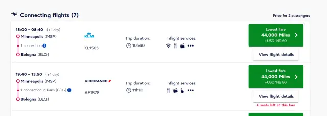 Flight search results from Minneapolis to Bologna on KLM and Air France, each 44,000 miles plus about $150 for two