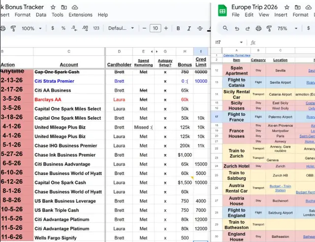Two spreadsheets side by side: a credit card bonus tracker and a Europe Trip 2026 itinerary of flights and stays